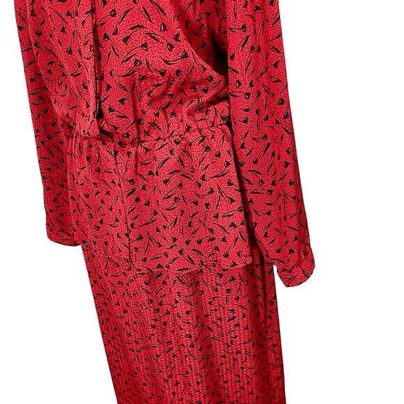 Vintage 1980s Red & Black Handmade Chiffon Blouson Secretary Dress Size 8 Medium - Picture 6 of 11